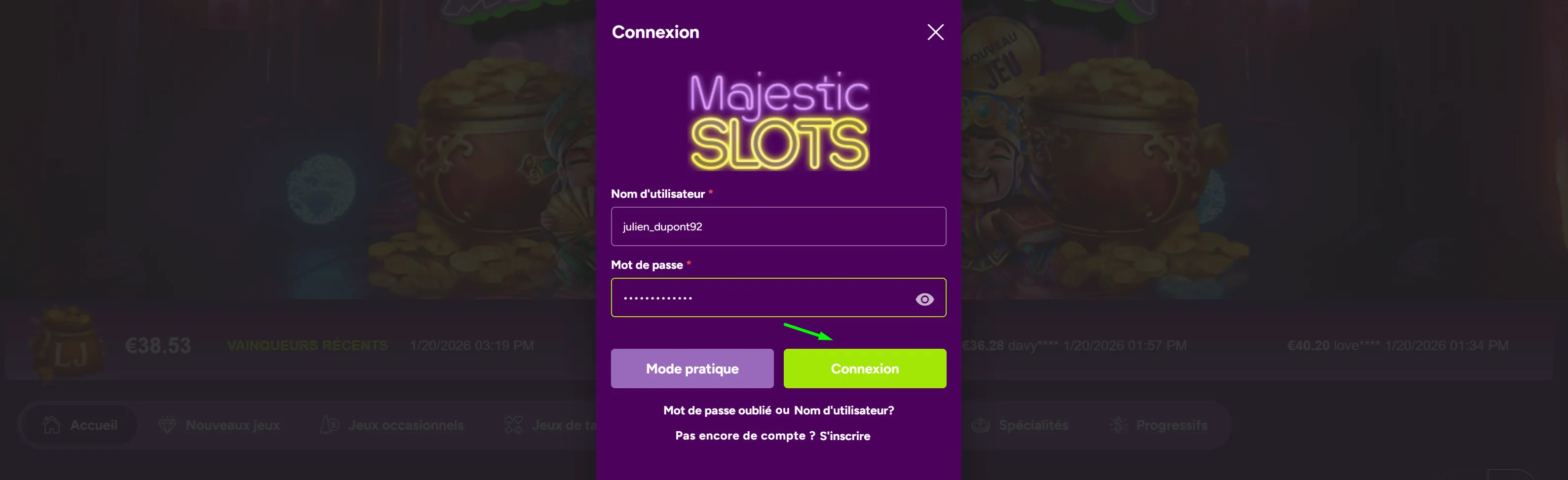Connexion sécurisée Majestic Slots